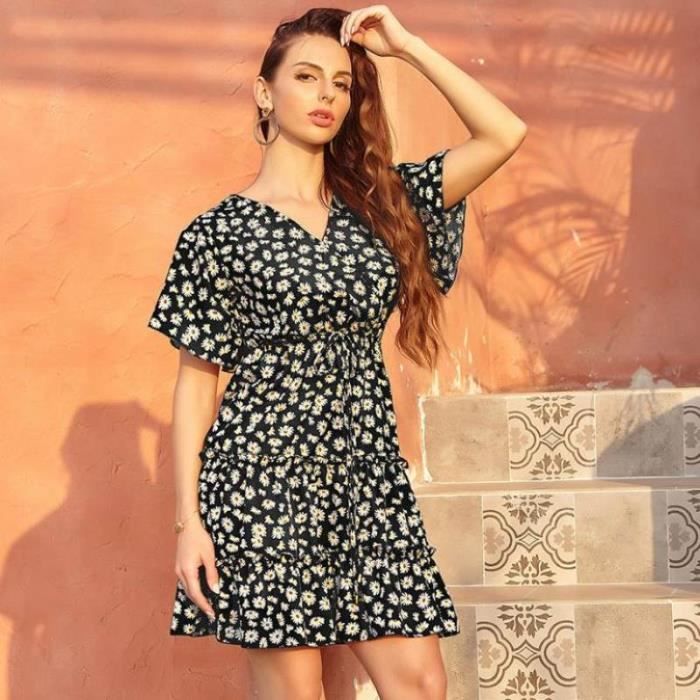 Robe Longue Femme été Adorling - Col V, Manches évasées, Taille élastique, Fente Latérale, En Polyester/élasthanne