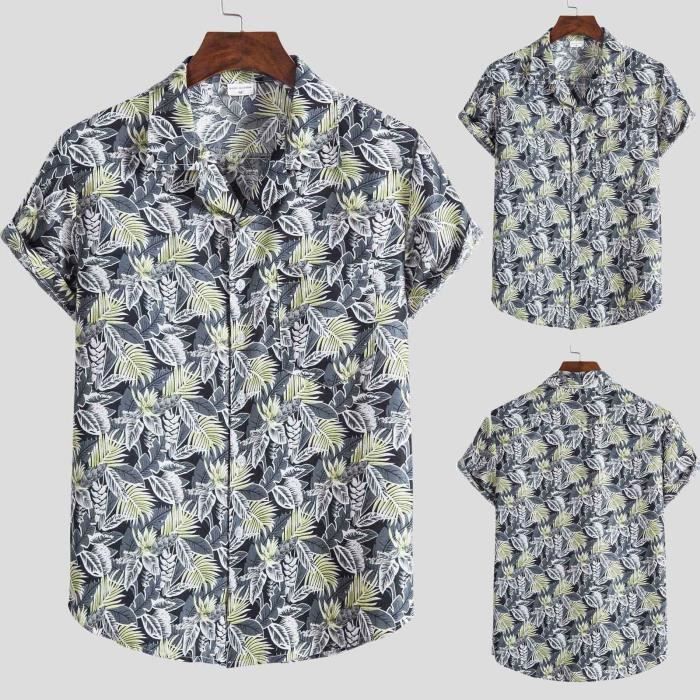 Chemise hawaïenne à manches courtes en coton et lin avec poche à imprimé plantes tropicales pour hommes