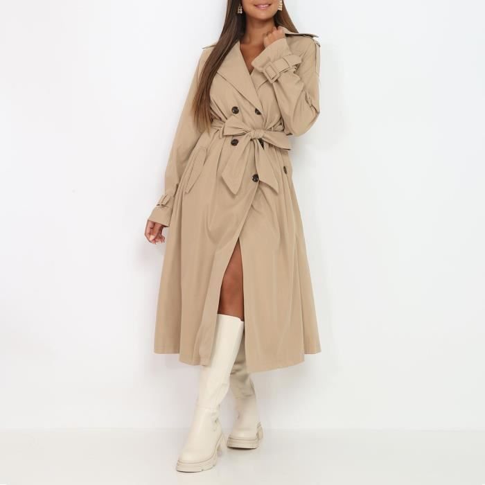 Trench long beige foncé ceinturé