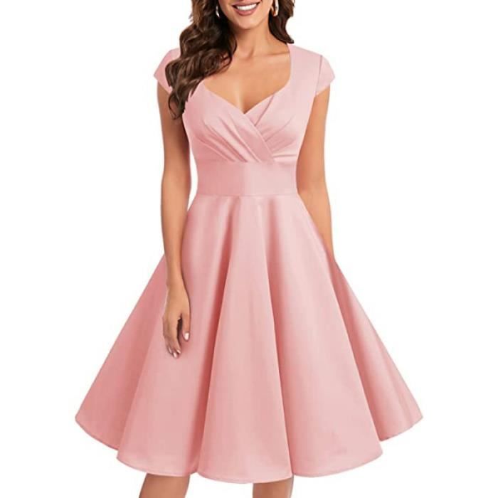 Robe de cocktail elegante retro col carre rose Femme Rose Cdiscount Pret a Porter