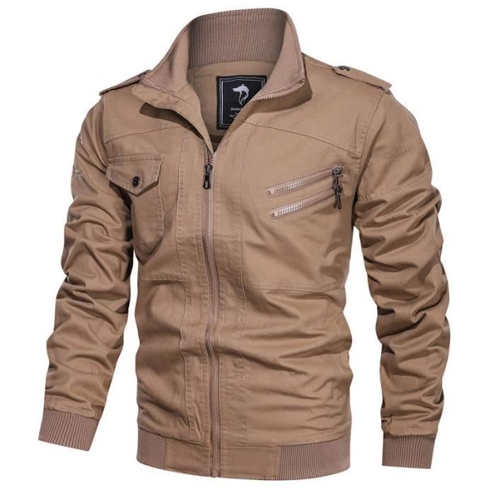 Veste Militaire Homme en Coton Mi saison Veste Cargo Col Montant