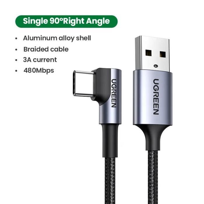 Câble USB Charge Rapide Angle Droit Type-C Ou Micro USB - 1m, 22AWG, Noir, Garanti 1 An