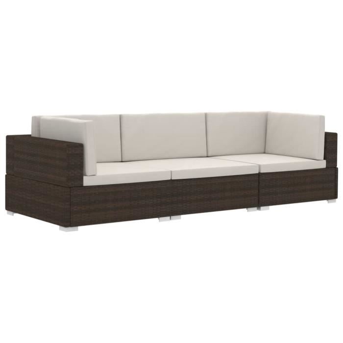 vidaXL Salon de jardin 3 pcs avec coussins Résine tressée Marron