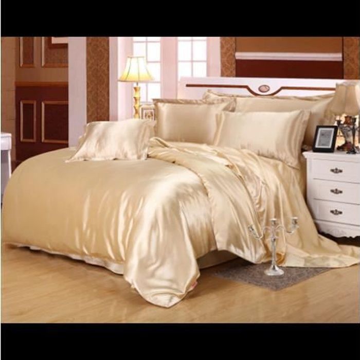 Parure de drap en Soie Satinée - Parure de lit 4 Pcs avec 2 Taies doreiller 1 Drap 1 Housse de Couette - Champagne - 220x240cm