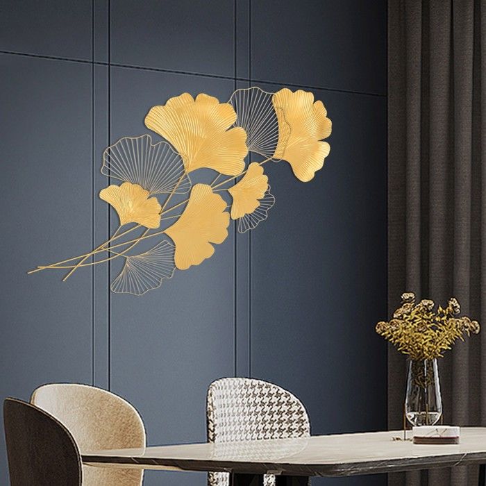 3 Décorations Murales Métal Doré - Motifs Ginkgo 3D Pour Salon, Bureau, Chambre