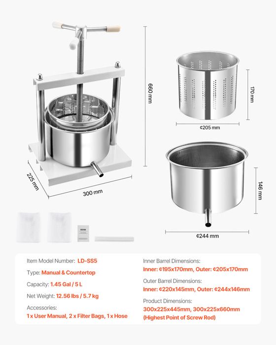 VEVOR Pressoir à Fruits Manuel 5 L Pressoir à Vin en Inox Presse-Fruits Manuel Baril Intérieur 18x15 cm Poignée Ajustable Broyeur de Fruits Légumes pour Pressage de Vins Jus de Fruit Cidres VEVOR Pressoir à Fruits Manuel 5 L Pressoir à Vin en Inox Presse-Fruits Manuel Baril Intérieur 18x15 cm Poignée Ajustable Broyeur de Fruits Légumes pour Pressage de Vins Jus de Fruit Cidres