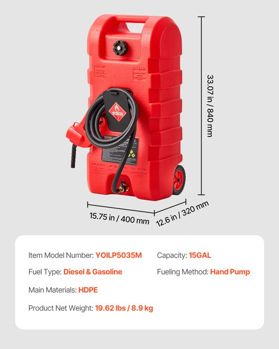 Bidon D'essence Sur Roues 60L (16 Gal) - Débit Par Gravité, Roues Caoutchouc 6 Pouces - Pour Essence, Diesel, Huile