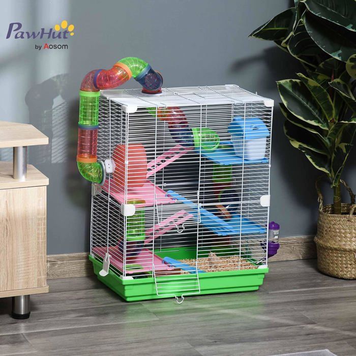 PawHut Cage Pour Hamster 4 Étages Avec Tunnels, Roue Et Maison - 46L X 30L X 58H Cm Vert