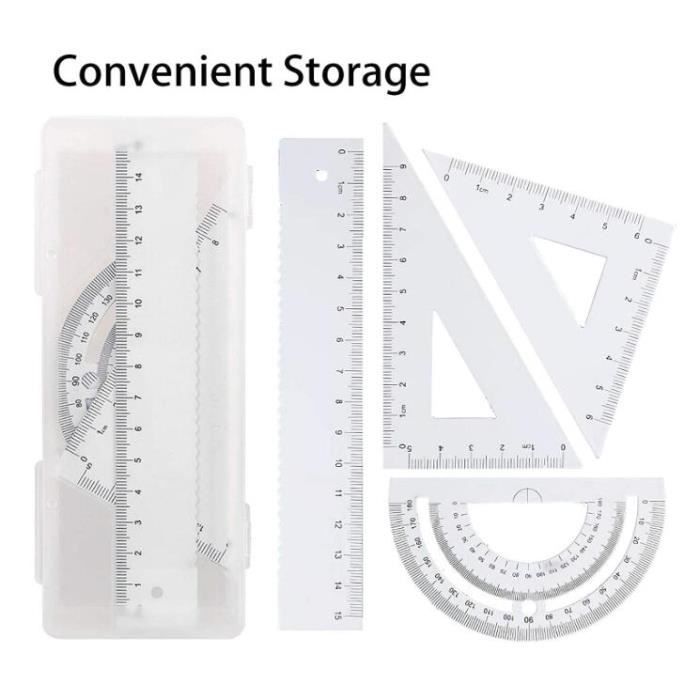 Set De Géométrie 4 Pièces - Règle 20cm, Rapporteur 180°, Équerres 45° & 60° - Plastique Transparent Pour École & Bureau