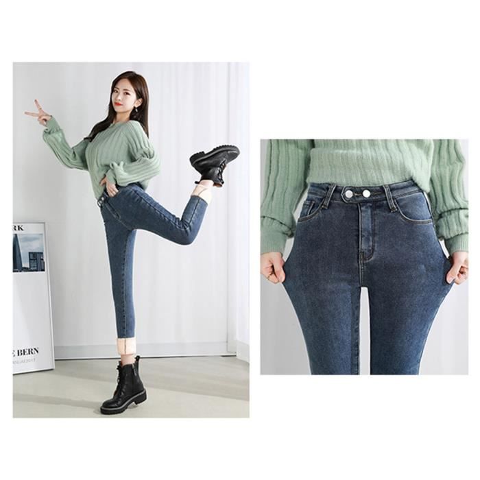 Jeans Femme Chaud Thermiques Hiver Molleton Pant Denim Slim Taille Haute Skinny Jeans Epais Chaud Bleu