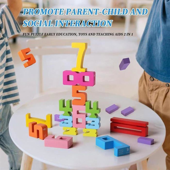 PKKP Lot de 20 blocs de construction en bois avec 15 cartes empilables de chiffres, jouets Montessori à partir de 3 ans, blocs de construction en bois massif