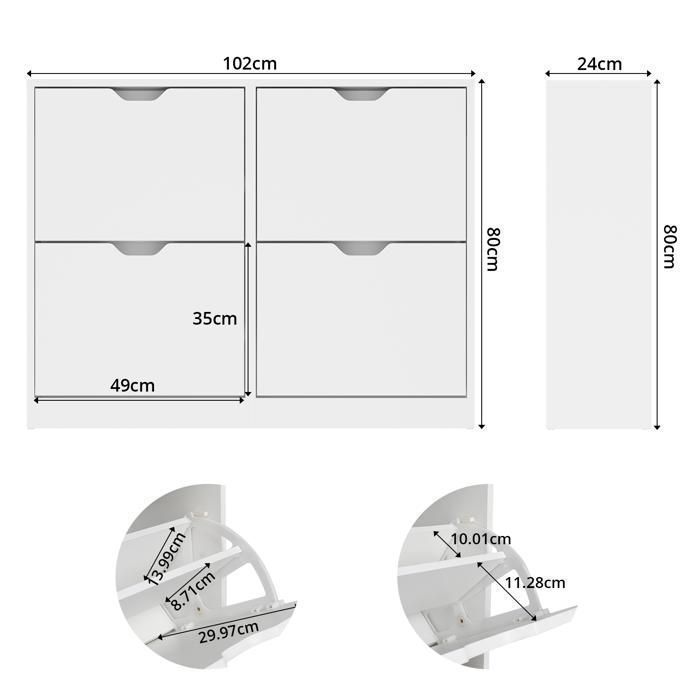 Meuble Chaussures VOWNER 80x24x108 Cm Blanc - Rangement Entrée Avec Tiroirs Basculants