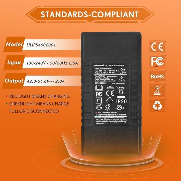 Chargeur Universel HPGAAVD 54,6V 2A – 6 Connecteurs, Compatible 48V Li-ion, Pour Trottinette, Hoverboard, E-bike, Protection OCP