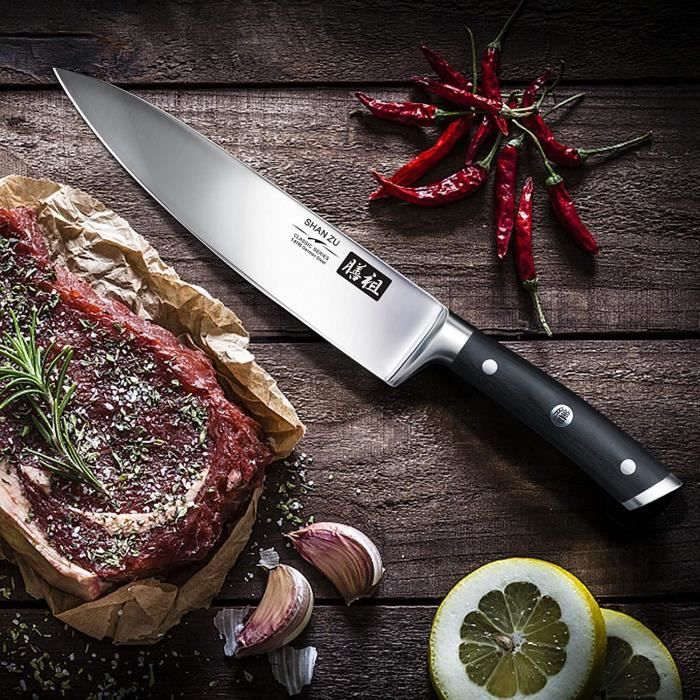 Couteau de Chef - SHAN ZU - Acier Inoxydable Allemagne 1.4116 (5Cr15MoV) -  20cm Couteau de Cuisine Manche en Bois - Cdiscount Maison