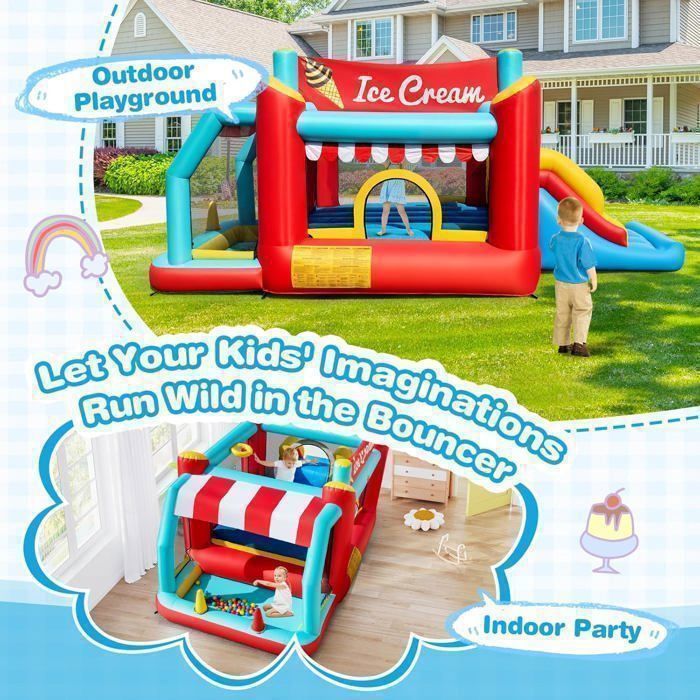 GOPLUS Château Gonflable 2 En 1 Avec Toboggan - Zone De Saut, Souffleur, Piquets, Sac De Transport - Enfants 3-10 Ans