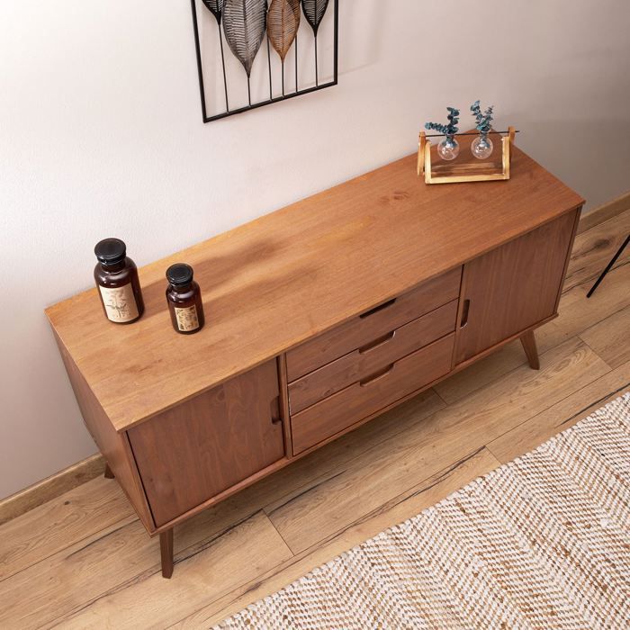 Buffet Tecca En Pin Massif Chêne 170 Cm - 3 Portes, étagères Réglables, Design Sobre Et Spacieux