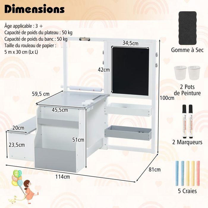 Chevalet Enfant Double Face Ajustable - Tableau Craie & Peinture - Rouleau Papier Inclus - Gris