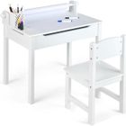 COSTWAY Bureau pour Enfants avec Chaise, Rouleau de Papier, Plateau Rabattable (Rangement Caché)en Bois pour 3+ Ans Blanc