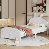 Lit enfant 90 x 200 cm, lit simple, cadre de lit en bois massif, avec tête de lit en forme lapin, sommier à lattes inclus, blanc