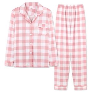 Acheter Ensemble pyjama pour femme à carreaux de buffle à manches longues  et col à revers classique chemise boutonnée et pantalon 2 pièces pyjama  lounge costume de nuit vêtements de nuit S-XL