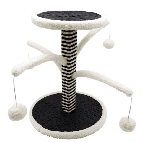 AIME Poteau griffoir 4 branches pour chat - Fourrure mouton blanc - 44 cm - Design - 4 jouets pompon