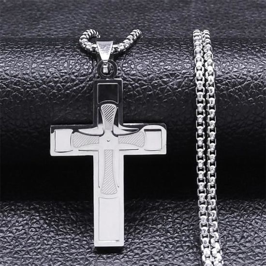Collier Croix Chrétienne Acier Inoxydable-Or-Noir Pendentif