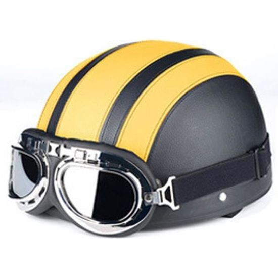 Ensemble noir et jaune Demi-casque moto vintage en cuir avec lunettes
