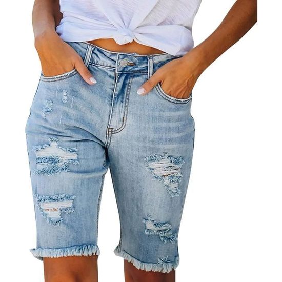 Short Moto En Jean Délavé Femme - Taille 34 - Bleu Moyen - Coton Denim - Très Bon état