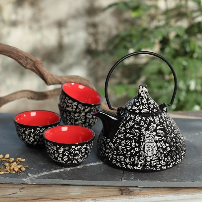 Panbado Service à Thé Kung Fu Asiatique - 4 Tasses 1 Théière Chinoise en Porcelaine Céramique Style Zen Noir+Rouge