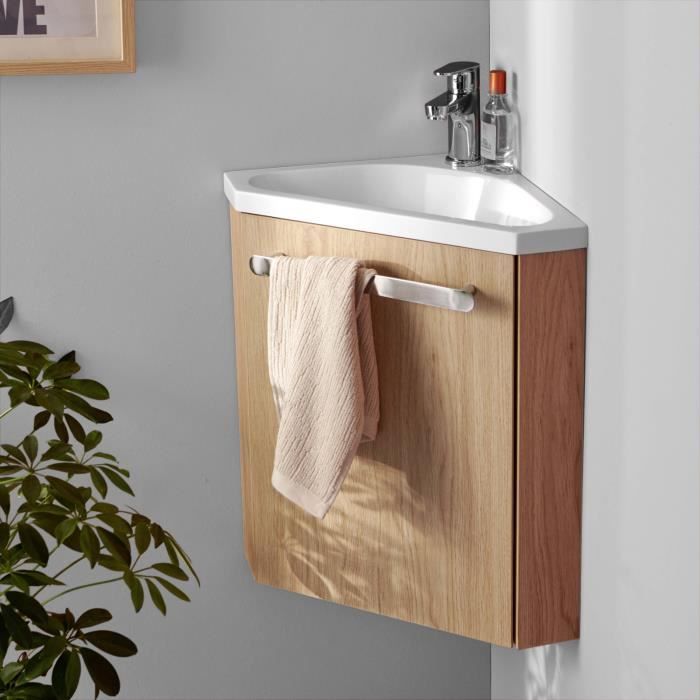 Meuble lave-mains d'angle décor chêne SKINO avec robinet chromé