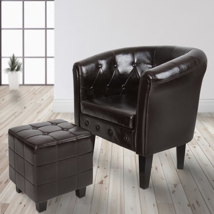 MIADOMODO® Fauteuil Chesterfield avec Repose-Pied - en Simili Cuir, Marron - Chaise, Cabriolet, Tabouret Pouf, Meuble de Salon