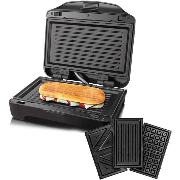 Taurus Miami Premium - Grill électrique 3 en 1 900W, Sandwich, gaufre ou grill, Plaques anti-adhésives interchangeables, Voyant d'al