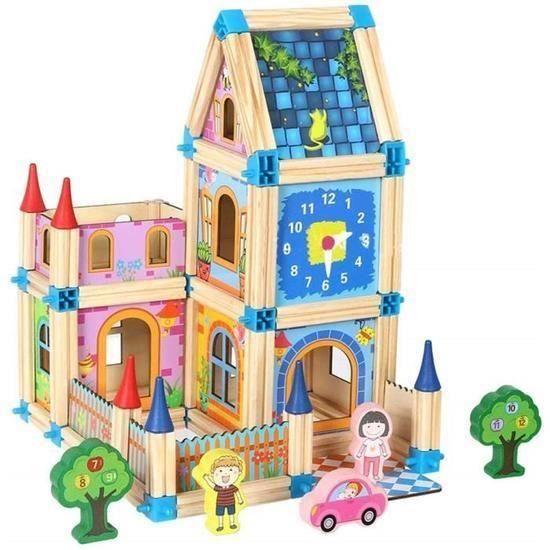 128 pièces Blocs de Construction en Bois Jeu De Construction Jouets Puzzle éducatifs,Assemblé Maison Modèle Jouets pour Enfant