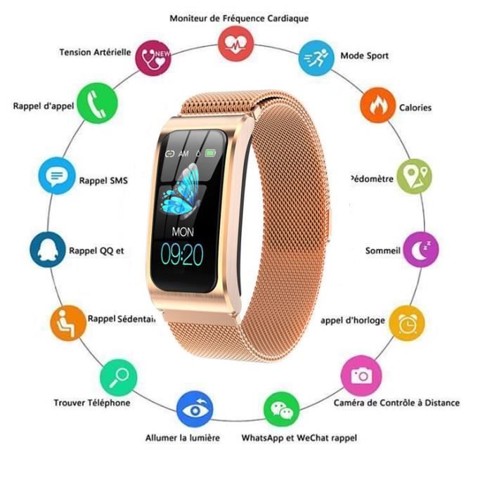 AMORUS Montre connectée de Femme, Bracelet Or Métal 1,14 Ecran Couleur HD IP67 Montre Etanche Sport Smart Watch AK12