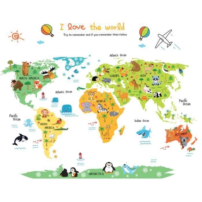 Creative Peel and Stick bricolage animaux non toxiques carte du monde stickers muraux papier peint Stickers pour enfants chambre