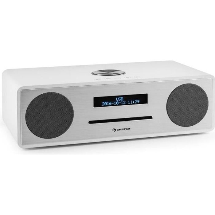 auna Stanford - Radio numérique Bluetooth avec lecteur CD et tuner DAB+-FM (entrée AUX, sortie casque, réveil) - bois blanc