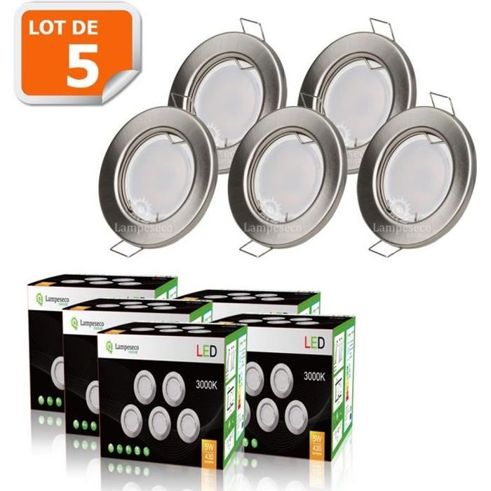 LOT DE 5 SPOT LED ENCASTRABLE COMPLETE RONDE FIXE ALU BROSSE eq. 50W BLANC CHAUD