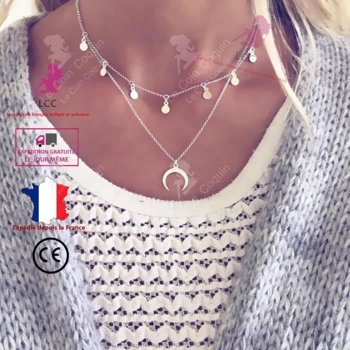 LCC® Collier femme argent fantaisie pendentif fille cadeau bijoux lune chaîne anniversaire perle fête alliage d'aluminium long cou