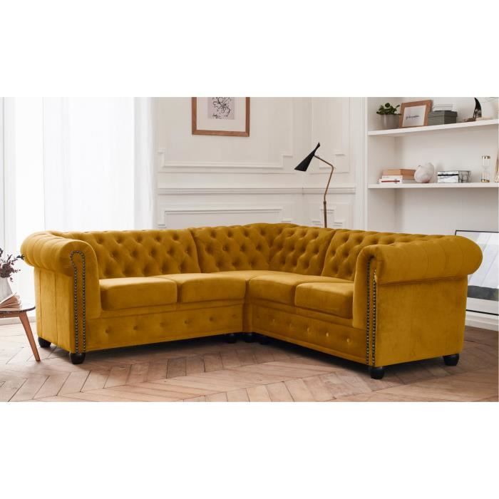 Canapé d'angle 5 places Jaune Tissu Chesterfield