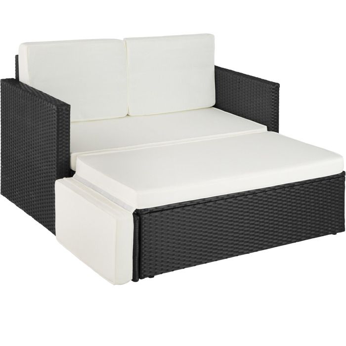 TECTAKE Canapé de jardin CORFOU 2 Places Modulable en Bain de soleil 1 Tabouret avec Coussins en Résine Tressée Cadre en Acier Noir