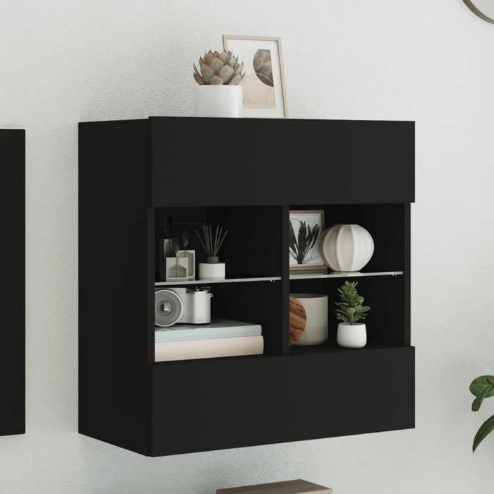 vidaXL Meuble TV avec Lumières LED Armoire de Télévision Murale avec Étagères Meuble Télé Suspendu Salon Moderne Noir 837093