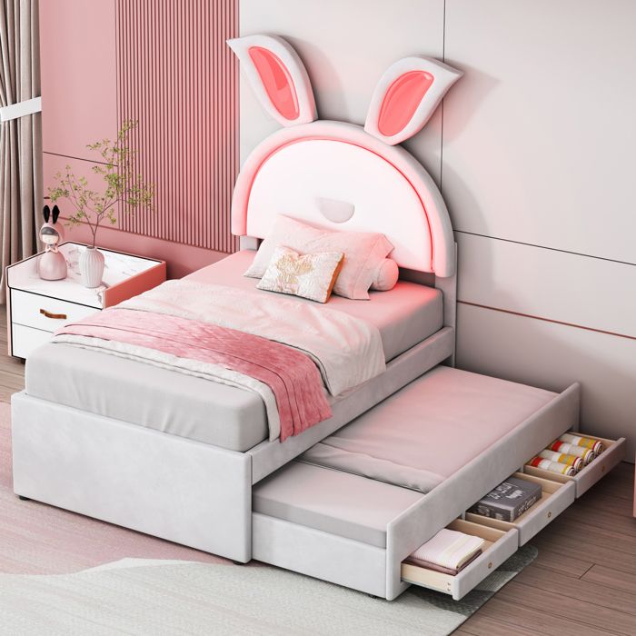 lit enfant capitonné 90x200 cm, canapé lit simple multifonction avec lit gigogne, tiroirs de rangement et lumière led