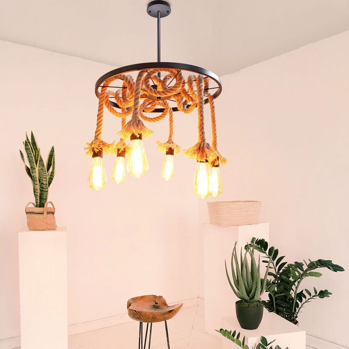SNOGOLD Lustre Industriel Vintage à 6 Têtes en Corde de Chanvre et Métal avec Ø50cm Roue Decoratif E27 Luminaire de Salon Couloir