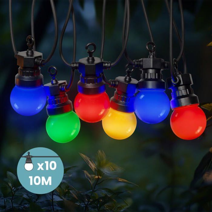 Guirlande guinguette - LARGEIGHT - 10 m - 10 bulbes multicolores - IP44 - Éclairage décoratif