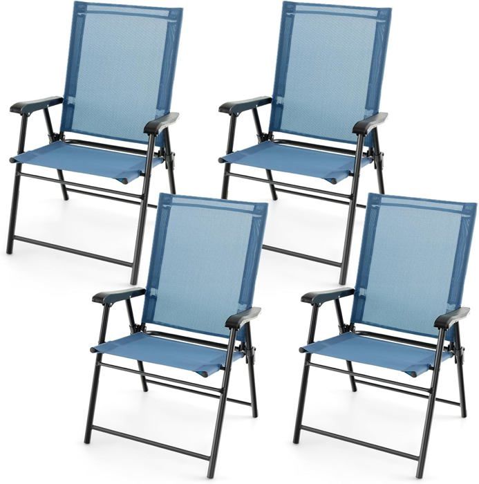 GOPLUS Lot de 4 Chaises de Jardin Pliantes avec Accoudoirs-Tissu Respirant & Cadre Métallique Solide-Chaises Portables Légères Bleu