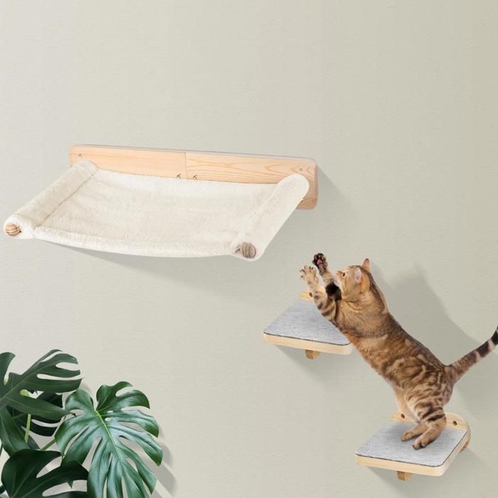 YIPEEMA. LIT MURAL POUR CHAT COMPREND 2 ESCALIERS MURAUX POUR CHAT 3PCS 61*40*15CM BLANC.