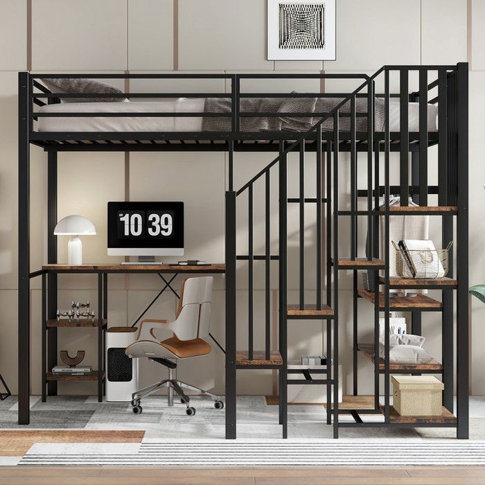 Lit mezzanine 120x200cm lit enfant avec table et étagère de rangement penderie Sommier à lattes，Lit simple fer+MDF noir