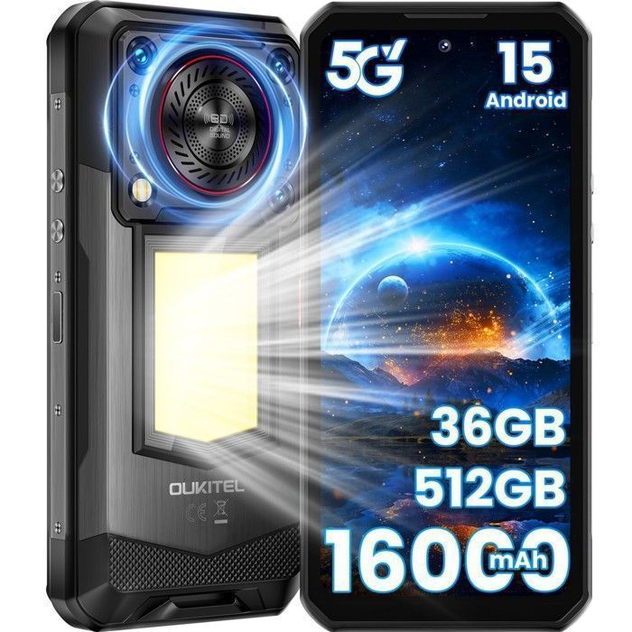 OUKITEL WP56 5G Smartphone Incassable 32+512GO 6.8” 16000mAh Lampe Camping Telephone Portable Incassable 108MP/GPS/NFC/128dB Noir
