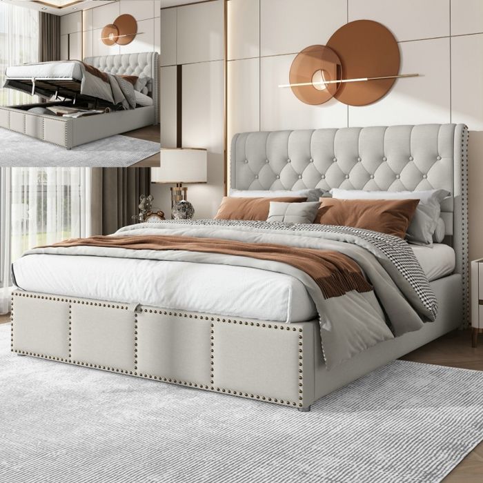 Lit coffre - LANGTU - 140x200 cm - Coton-lin gris - Sommier à lattes inclus - Tête de lit capitonnée 1025 cm
