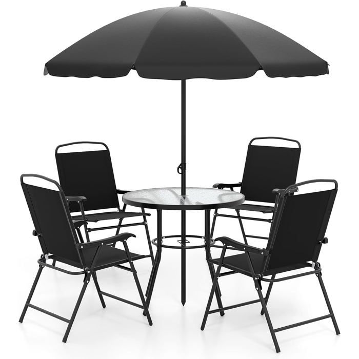 Ensemble 6 PCS Table et Chaises de Jardin Extérieur COSTWAY avec Parasol Table Ronde en Verre Trempé 4 Chaises Pliantes Noir